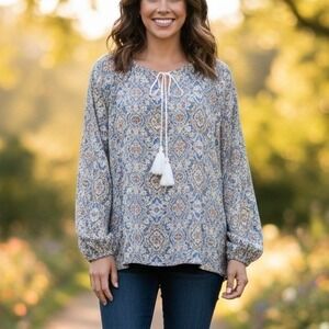 Camisa Womens XL Boho Medallion Tile Print Tassel Tie Balloon Sleeve Blouse Blue